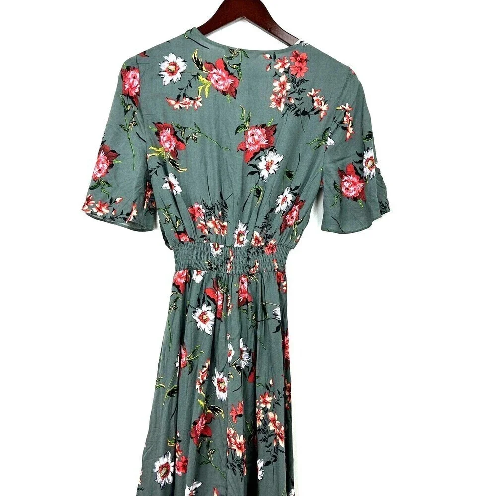 New KorMei Women M Maxi Dress Blue V Neck Short Sleeve Floral High Low Flowy R - Picture 8 of 13